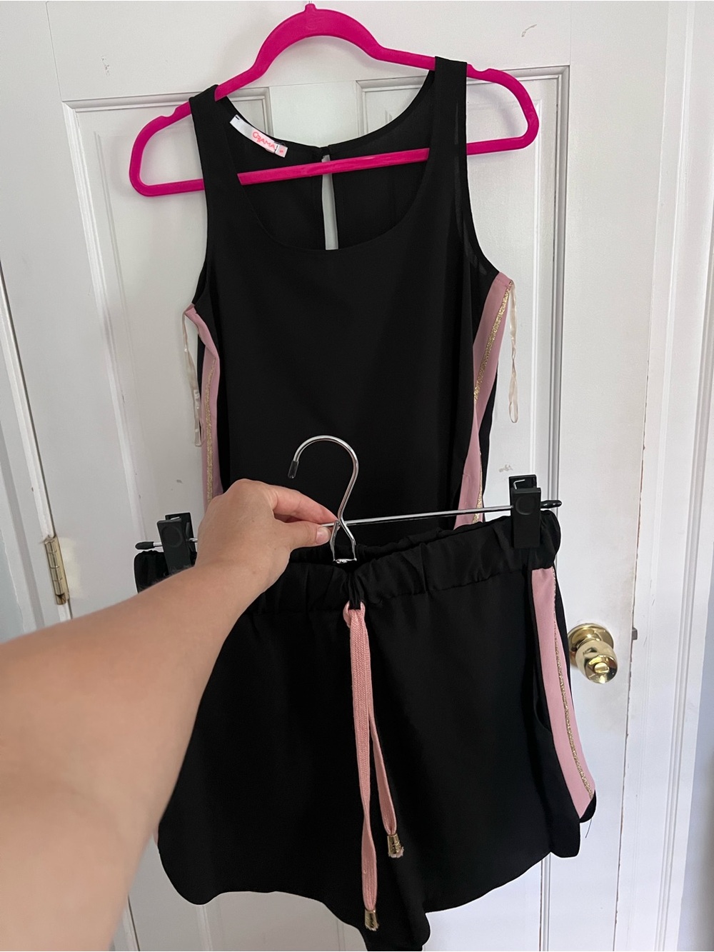 Grama Black and Pink Women's Matching Set - Shorts and Tank - Made in Greece